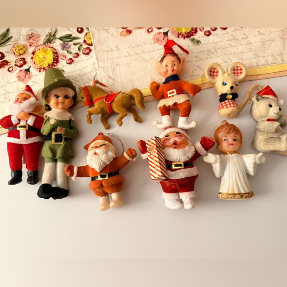 Mixed Lot of 11 Vintage 1950-60 FLOCKED Santa Elf Bear Angel Christmas Ornament